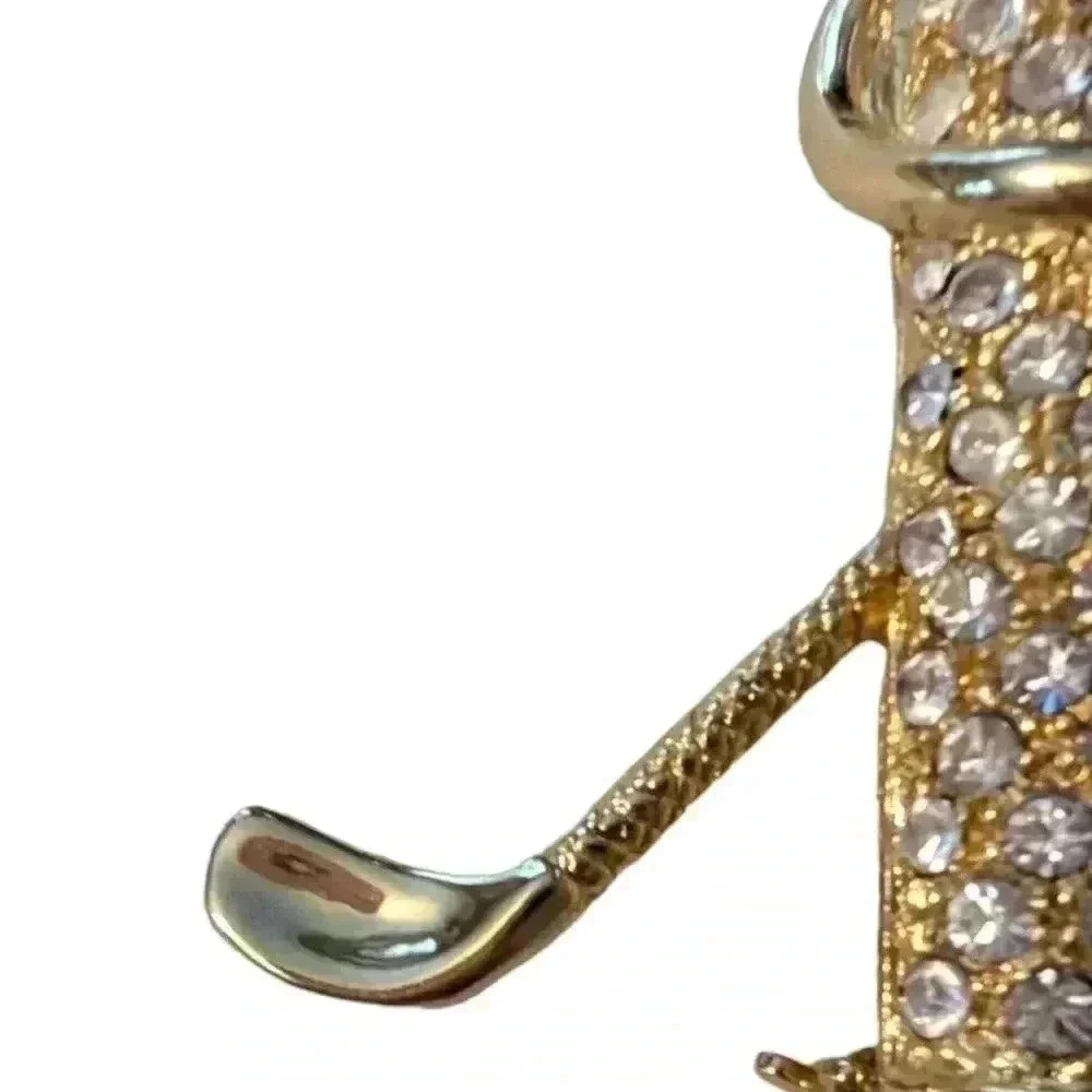 Golf Bag Rhinestone Brooch | Vintage Golfing Sweater Pin | 1980s Gold Tone Metal - Picture 5 of 7